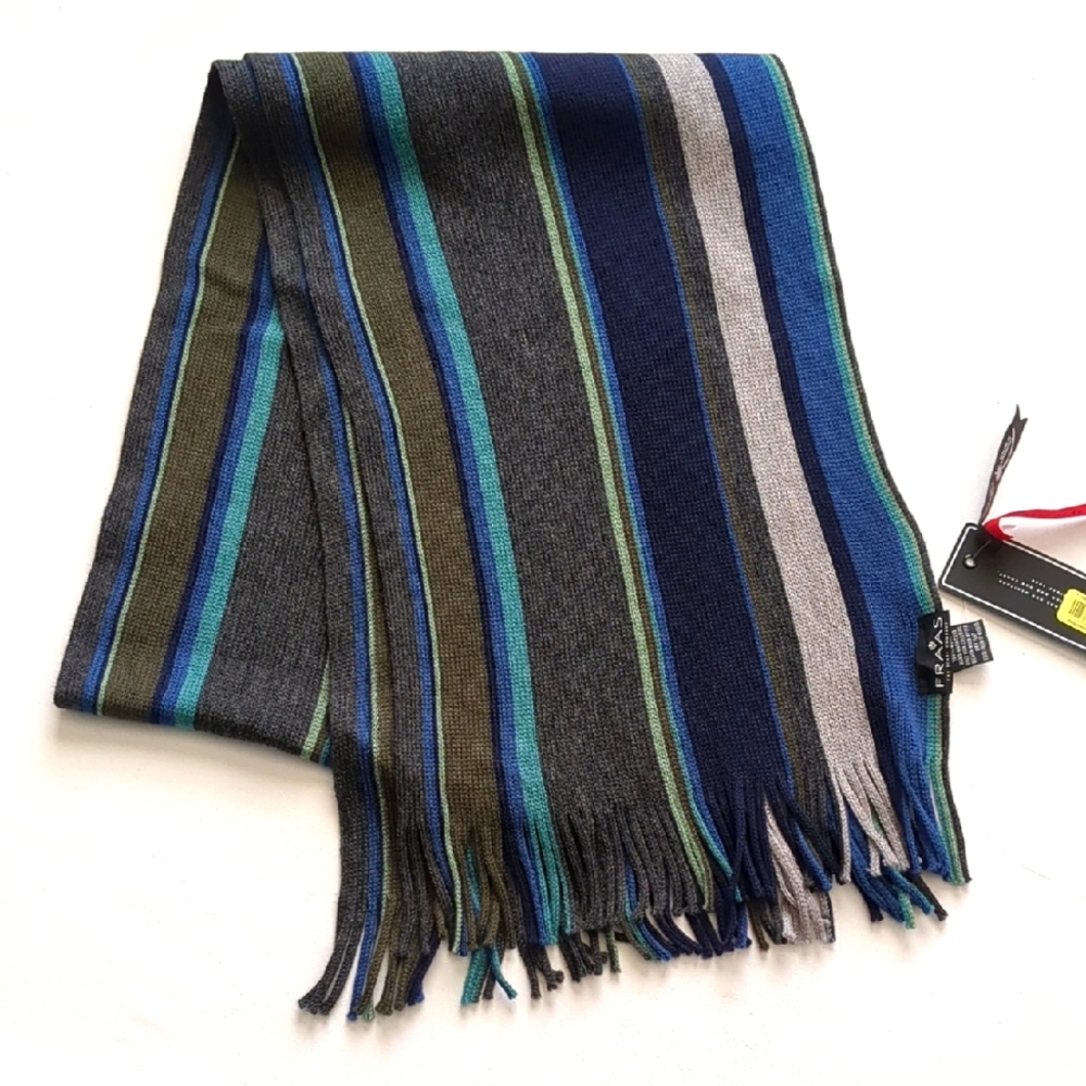 Fraas 100% Wool Striped Multicolor Fringe Scarf 60"